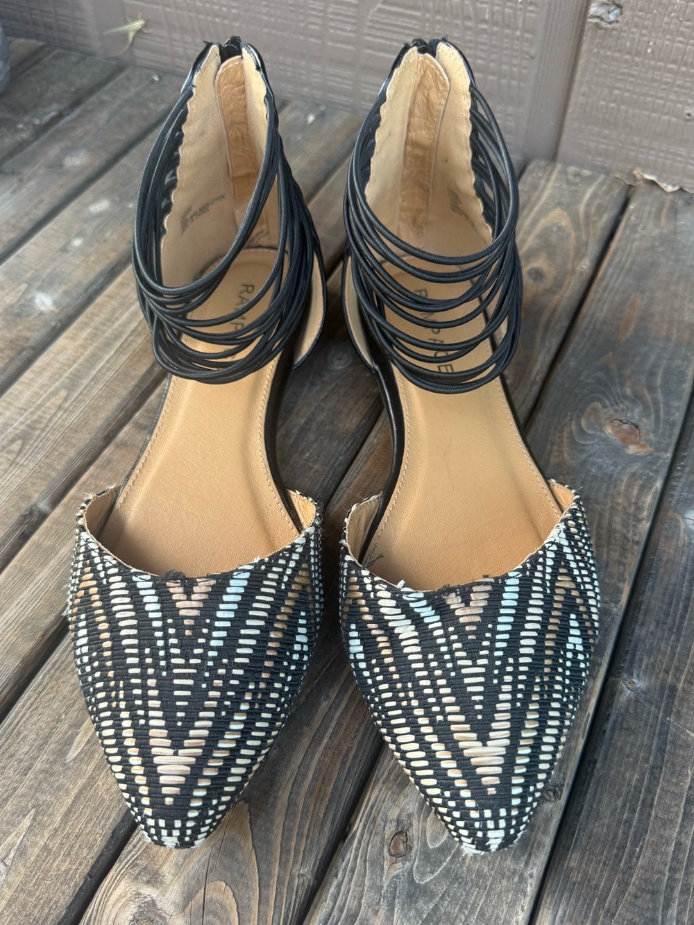 Rampage Women's Black Patterned Pointed-Toe Ankle-Strap Flats Size 10M